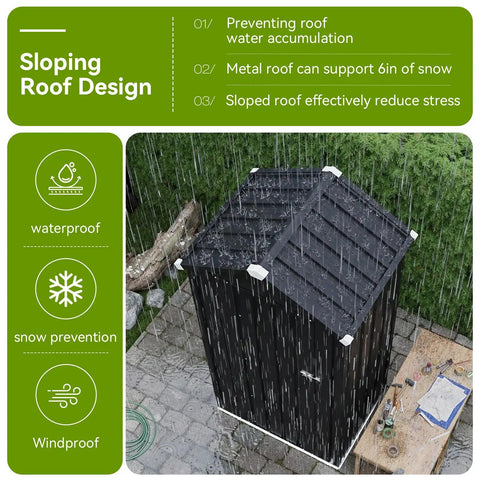 Vertical Metal Tool Cabinet With Floor Weatherproof Outdoor Storage Shed 21 Cu Ft Capacity shown with sloping roof design