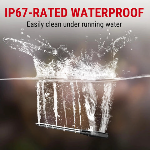 600 Foot Range Bluetooth Wireless Meat Thermometer With Upgraded Ultra Thin Probe submerged in water, showing IP67 waterproof rating.