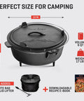 Six Quart Cast Iron Camping Dutch Oven With Lid Lifter and Storage Bag for Campfire Cooking Stews and Baking shown with accessories