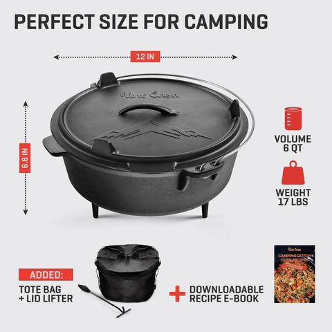 Six Quart Cast Iron Camping Dutch Oven With Lid Lifter and Storage Bag for Campfire Cooking Stews and Baking shown with accessories