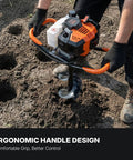 Person using Gas Powered 43Cc Post Hole Digger With 8 Inch Auger Bit, ergonomic handle, soil digging, farmland setting