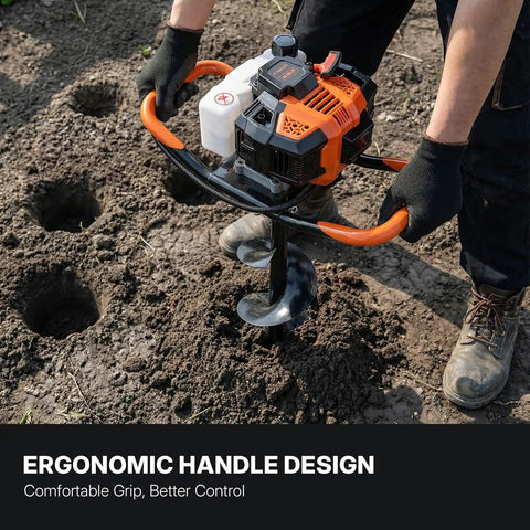 Person using Gas Powered 43Cc Post Hole Digger With 8 Inch Auger Bit, ergonomic handle, soil digging, farmland setting