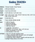 Godex ZX420i+ specifications sheet highlighting print method, speed, width, and interfaces for High Speed 203 Dpi Industrial Thermal Label Printer.