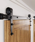 Black Rustic Sliding Barn Door Hardware Kit For Two Doors 13 Foot Flat Track System With Arrow Design Rollers on wall