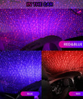 Car interior illuminated by USB Star Night Light With Three Color Options And Seven Lighting Modes, showcasing red and blue settings.