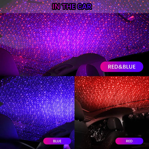 Car interior illuminated by USB Star Night Light With Three Color Options And Seven Lighting Modes, showcasing red and blue settings.