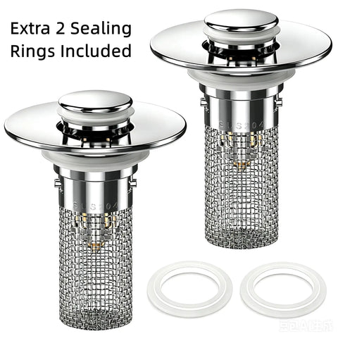 Universal Bathroom Sink Drain Stopper Pop Up Filter With 304 Stainless Steel Hair Catcher Strainer Basket Anti Clog Design Fits US Standard Sinks Bathtubs And Showers For A No Sweat Setup, includes two sealing rings.