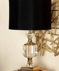 Crystal Accent Table Lamp With Gold Accents, Faux Silk Shade And Iron Base, Black And Gold Glam Lighting, Side View