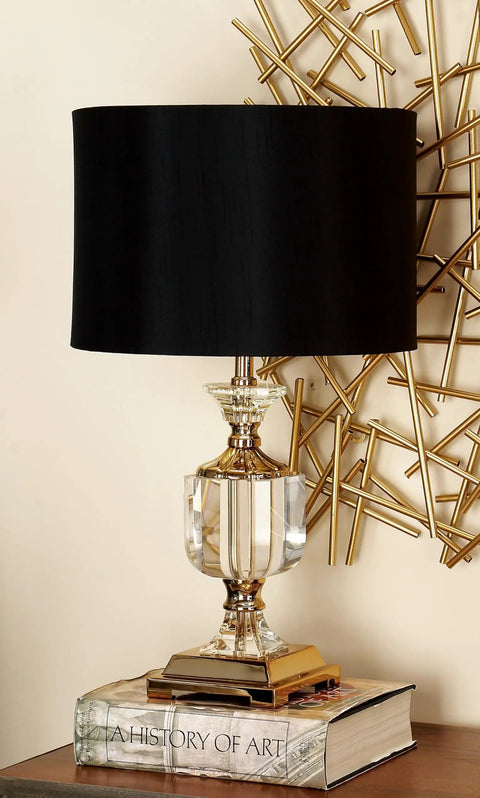 Crystal Accent Table Lamp With Gold Accents, Faux Silk Shade And Iron Base, Black And Gold Glam Lighting, Side View