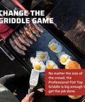 Deluxe Double Burner Steel Griddle With Extra Large 14 Inch By 32 Inch Surface used for cooking bacon and eggs outdoors