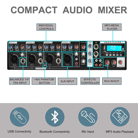 Front view of a compact audio mixer, part of 1600W 6-Channel Powered Bluetooth Mixer PA System With 10-Inch Passive Speakers, showing inputs and controls.