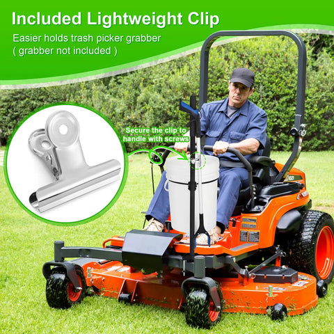 Zero Turn Mower Handle With 5 Gallon Bucket Bracket And Clip For Outdoor Yard Cleanup, showing the mounted bucket and clip on mower