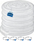 Heavy Duty 4 By 50 Feet Flexible PVC Hose Kicks Up Sawdust Clean With Puncture Resistant Build For Smooth Suction And Easy Tool Hookups In Every Workshop Setup coiled with clamps.