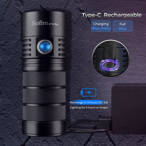 Ultra Bright SP36 Pro Flashlight With 8000 Lumens, Four 5000K LEDs, USB C Rechargeable, charging indicator detail