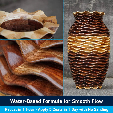 Halcyon Water Based Marine Varnish For Boats And Outdoor Woodworking Projects Quick Dry Finish With Ultra Hard Polyurethane Protection Clear Gloss Quart applied to wooden vase