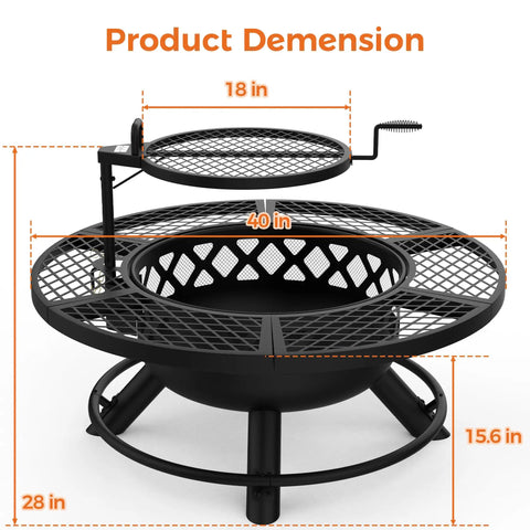 40 Inch Outdoor Fire Pit With Poker And Grill For Patio And Backyard, Big Wood Burning Fire Pit dimensions.