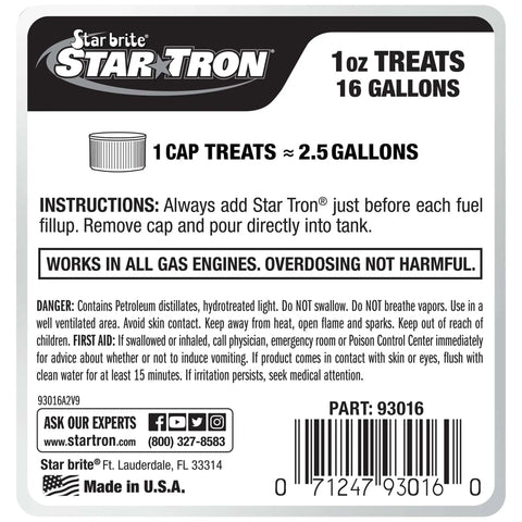 Back label of Star brite Star Tron Enzyme Fuel Treatment bottle with usage instructions and safety warnings.