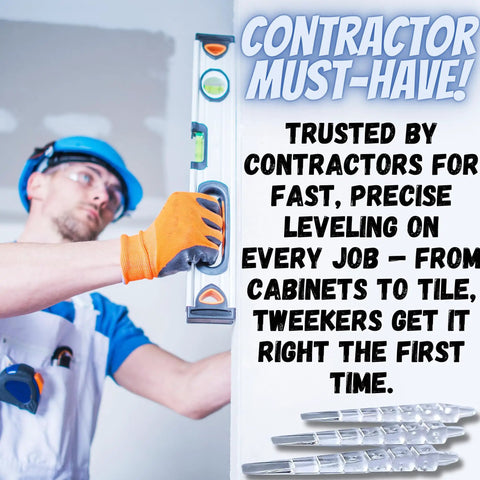 Contractor using level bar for precision work with text about Transparent Shims For Cabinets Baseboards Countertops And Toilets Invisible Precision Leveling Wedges For Pro Finish Carpentry And DIY Install Interior Home Remodel Tool 12 Pack