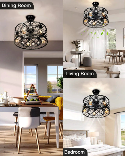 Farmhouse Ceiling Fan With Lights 20 Inch Caged Design in dining room, living room, and bedroom.