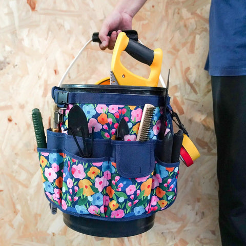 Bucket Caddy Organizer For Garden Tools Fits 3.5 To 5 Gallon Buckets Workhorse Tool Tote With Inside And Outside Pockets Glove Clip