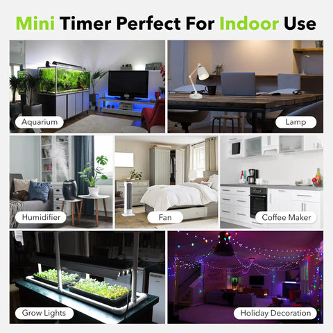 BND60 U47 Indoor Mini 24 Hour Mechanical Outlet Timer 3 Prong 2 Pack with different indoor uses like lamps and Christmas lights.