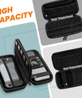 Heavy Duty Double Layer Hard Shell Electronics Organizer Travel Case With Hella Tough Impact Armor For Your Daily Portable Gadgets Tech Accessories And Cable Management, opened showing front and rear compartments with gadgets.