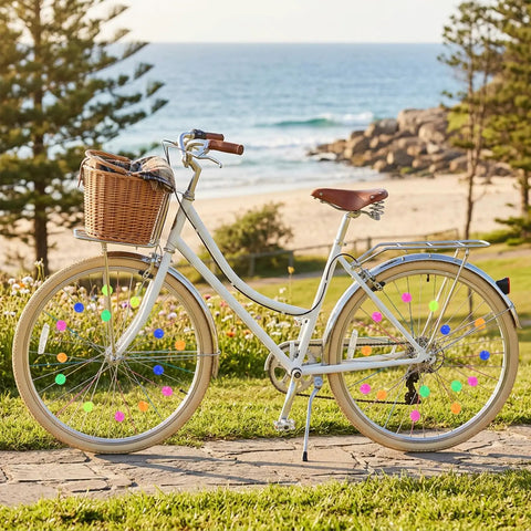 Bike with 216 Piece Multicolor Bike Wheel Spokes Beads Clip On Decorations, multicolor beads on spokes, ocean background