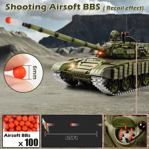 One Sixteenth RC Tank T 72 Soviet Battle Ready Toy firing BBs with green body, metal tracks, and detailed turret on rocky terrain.