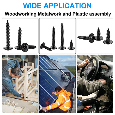 140 Piece Black Wafer Head Wood Screws And Deck Screw Assortment Kit showcased in various applications like woodworking and metalwork.