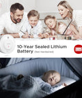 Foolproof Smoke Detector Featuring Ten Year Long Life Sealed Lithium Battery UL 217 Certified mounted near sleeping baby.