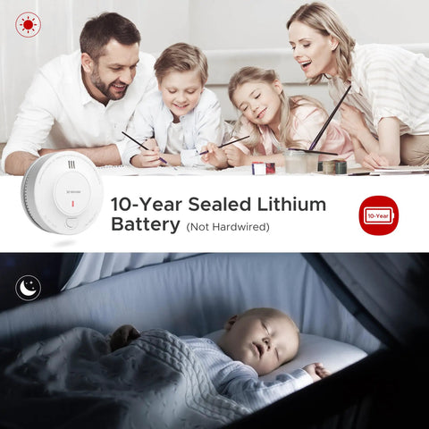Foolproof Smoke Detector Featuring Ten Year Long Life Sealed Lithium Battery UL 217 Certified mounted near sleeping baby.