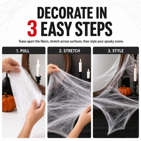 Epic Halloween Fake Spider Webs With 200 Square Feet Of Stretchable Yard Netting And Twenty Realistic Creepy Crawlers For Indoor Outdoor Home Party Decor That Brings Total Goosebumps steps to decorate using spider web netting.