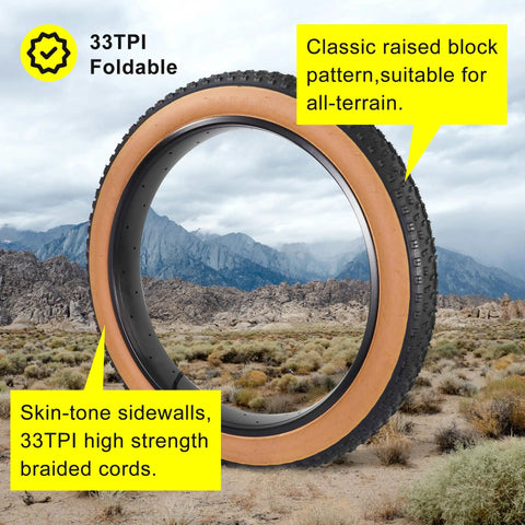 26x4.0 Fat Bike Tires And Tubes Set For E-Bikes And Mountain Bikes All Terrain Puncture-Resistant Folding Tire Kit 102-559 33TPI With Skin Tone Sidewalls And Included Valve Core Tool