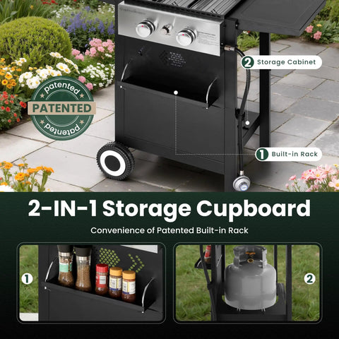 Two Burner Griddle Grill Combo With Cast Iron Plate, 20000 BTU Propane Gas BBQ For Camping, with storage cabinet and built-in rack