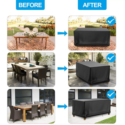 72 Inch Long Outdoor Table Cover Heavy Duty Waterproof All Weather Protection For Rectangular Patio Tables Dining Sets Coffee Tables Chairs And Sofas Fits Up To 71 Inches Long 46 Inches Wide And 27 Inches High Black installed on patio furniture