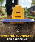Cordless Garden Tiller Cultivator With 20V Battery, 270 RPM Rototiller in action, 48 steel tines, tilling soil in garden