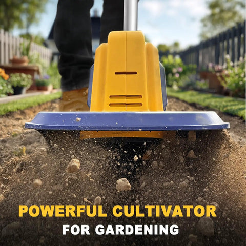 Cordless Garden Tiller Cultivator With 20V Battery, 270 RPM Rototiller in action, 48 steel tines, tilling soil in garden