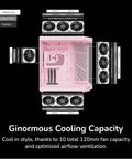Modern Gaming Pc Case Featuring Panoramic Glass And Sleek Dual Chambers Built For Stress Free Atx Builds Fueled By Lightning Airflow Through Tidy Wire Runs Includes A Flossy PCIe 4.0 Riser Cable In Strawberry Pink with cooling layout.