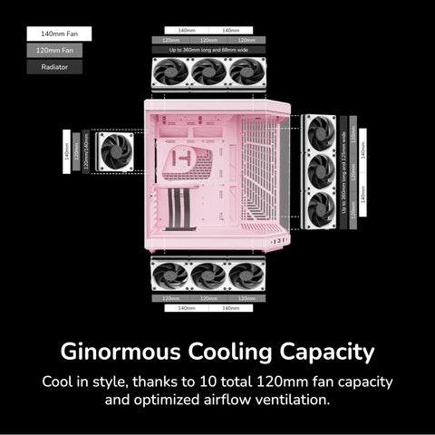 Modern Gaming Pc Case Featuring Panoramic Glass And Sleek Dual Chambers Built For Stress Free Atx Builds Fueled By Lightning Airflow Through Tidy Wire Runs Includes A Flossy PCIe 4.0 Riser Cable In Strawberry Pink with cooling layout.