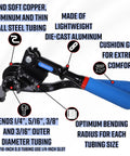 Triple Head 180 Degree Tube Bender with Roto Lok Indexing Handle, blue grips, markings for 1/4, 5/16, 3/8 OD tubing.