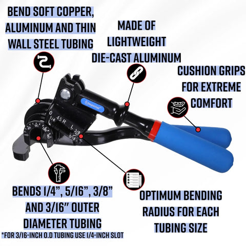 Triple Head 180 Degree Tube Bender with Roto Lok Indexing Handle, blue grips, markings for 1/4, 5/16, 3/8 OD tubing.