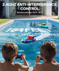 Two children with controllers racing Dual RC Boat Battle Pack For Kids 8 To 12 With LED Lights in a pool, boats lit up.