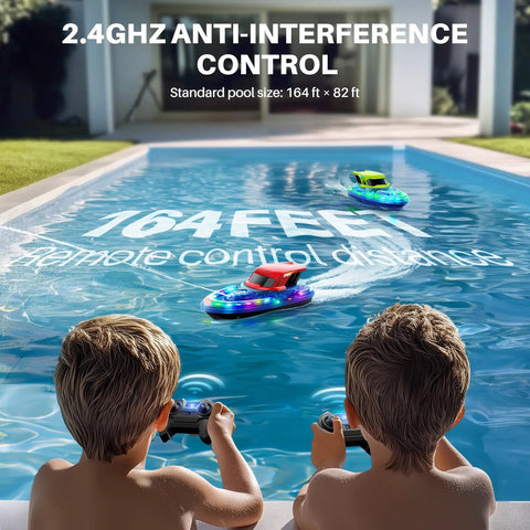 Two children with controllers racing Dual RC Boat Battle Pack For Kids 8 To 12 With LED Lights in a pool, boats lit up.