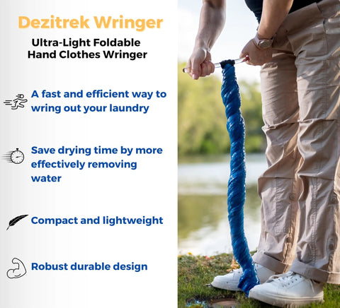 Manual Clothes Wringer For Camping And Travel Ultra Light Hand Wash Spinner Kicks Excess Water Out Fast Portable Laundry Helper in use by person outdoors.