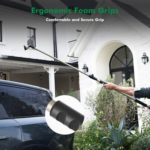 Person using Extra Long All Metal Telescoping Watering Wand With 180 Degree Adjustable Ratcheting Head And Four Spray Patterns on SUV