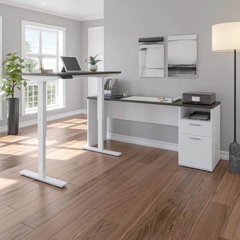 Heavy Hitter L Shaped Electric Standing Desk With Pretty Dang Smooth Motorized Lift And Scratch Resistant Deep Grey Top, modern workspace setup.