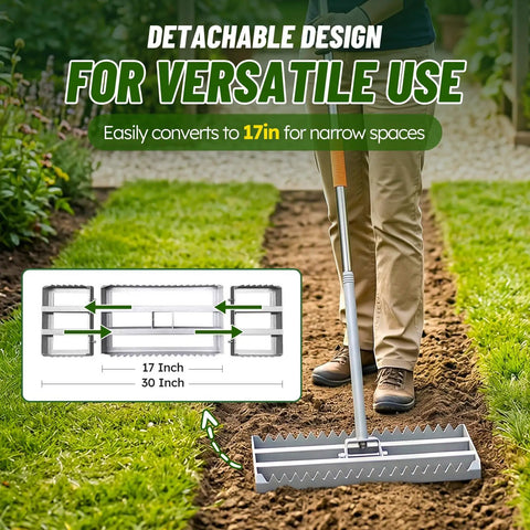 Two In One Lawn Leveling Rake With Dual Flat And Serrated Sides, Heavy Duty Stainless Steel Landscape Leveler, detachable for versatile use