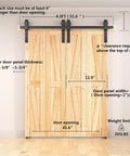 52 Inch Bifold Barn Door Hardware Kit For 4 Bifold Doors Black Finish, installed view with measurement guides shown on doors.