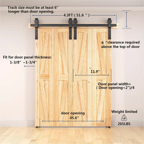 52 Inch Bifold Barn Door Hardware Kit For 4 Bifold Doors Black Finish, installed view with measurement guides shown on doors.