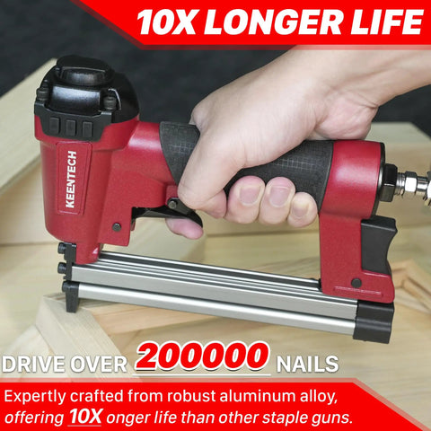 Rock Solid Pneumatic Staple Gun For Carpentry And Diy Projects Smooth Shooting 22 Gauge Air Powered Crown Nailer in action, hand gripping tool.